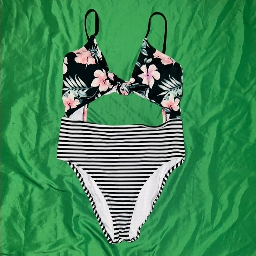 Victoria Secret Pink Floral and Striped Cutout Swimsuit size Large - Flaw